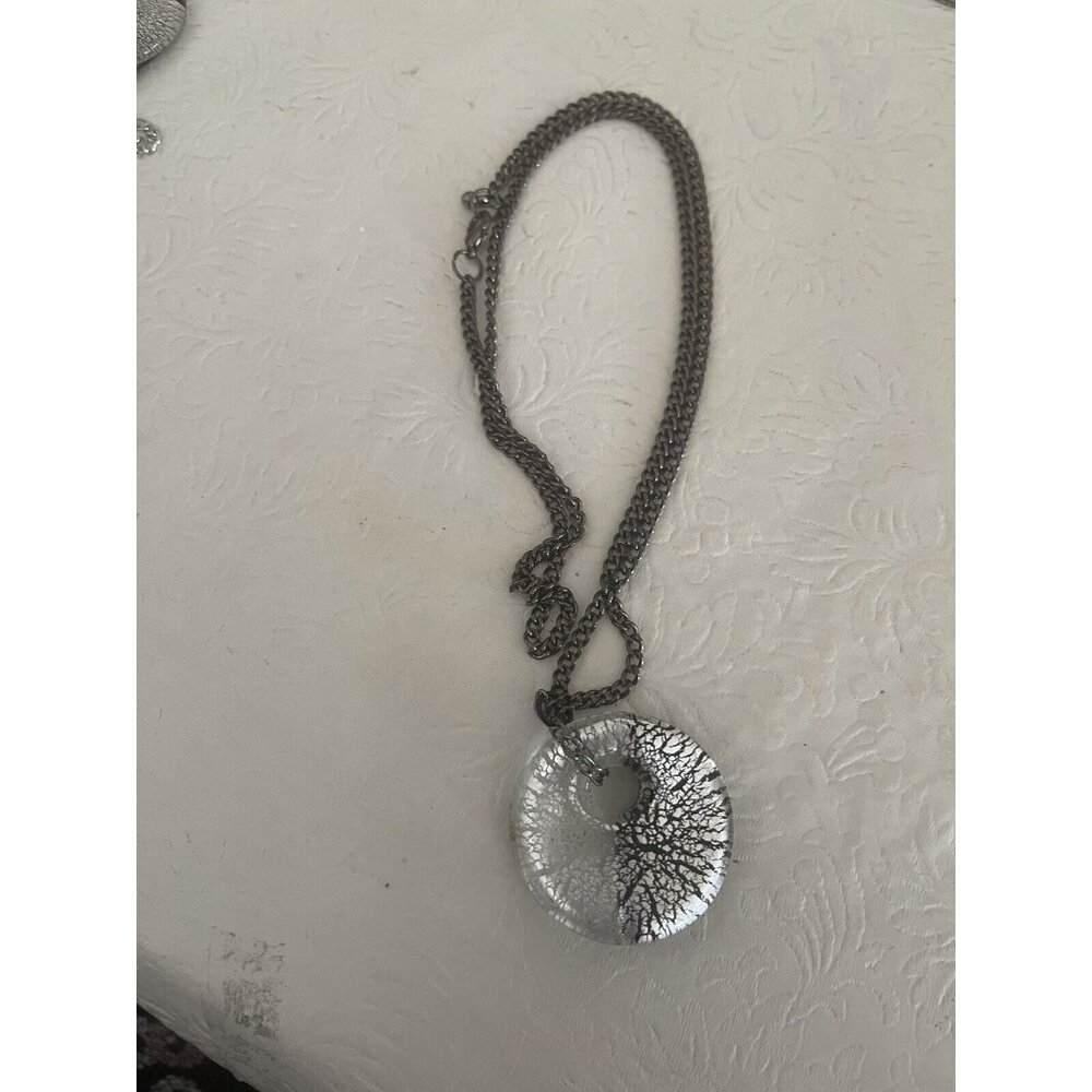 Murano Glass Pendant 1.5” Round Black Silver 26” Chain Necklace Abstract Fused
